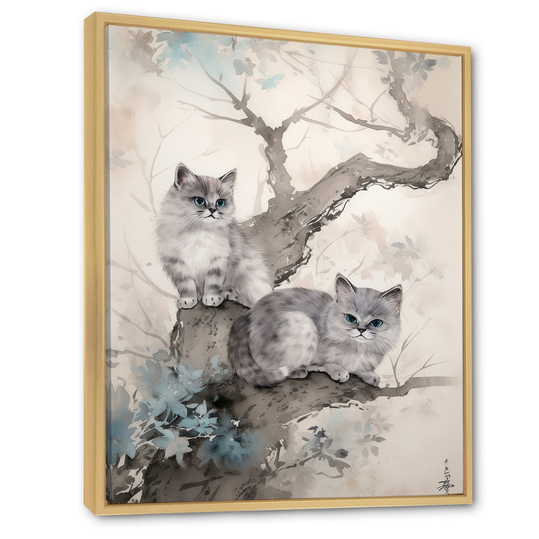 Two Gray Cats In A Tree Vintage Painting - White Cat Wall Art