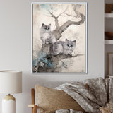 Two Gray Cats In A Tree Vintage Painting - White Cat Wall Art