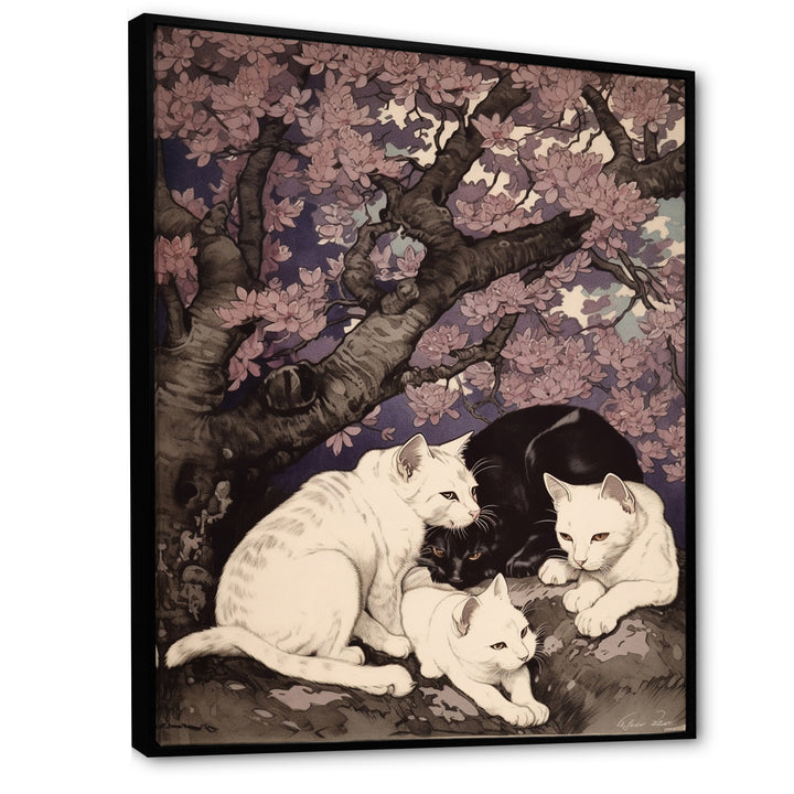 White Cats And Black Cat Sleeping Under Tree - Cat Living Room Wall Art