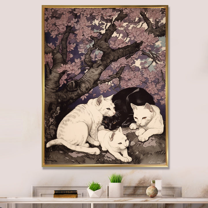 White Cats And Black Cat Sleeping Under Tree - Cat Living Room Wall Art