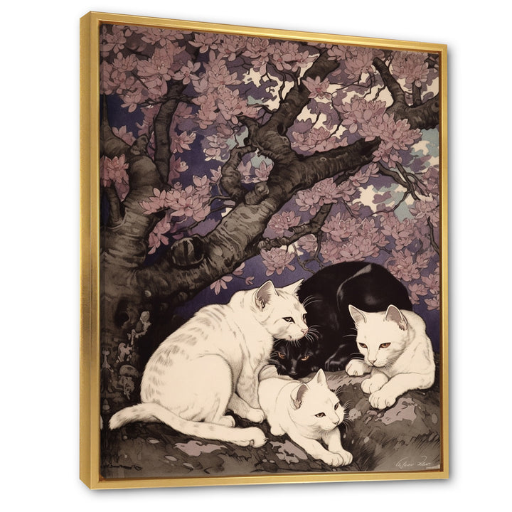 White Cats And Black Cat Sleeping Under Tree - Cat Living Room Wall Art