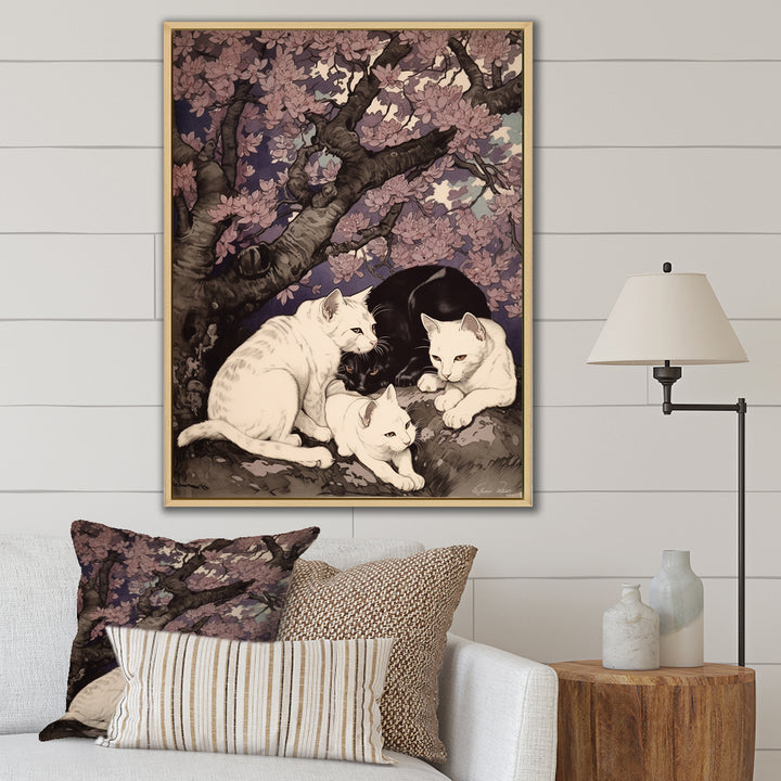 White Cats And Black Cat Sleeping Under Tree - Cat Living Room Wall Art