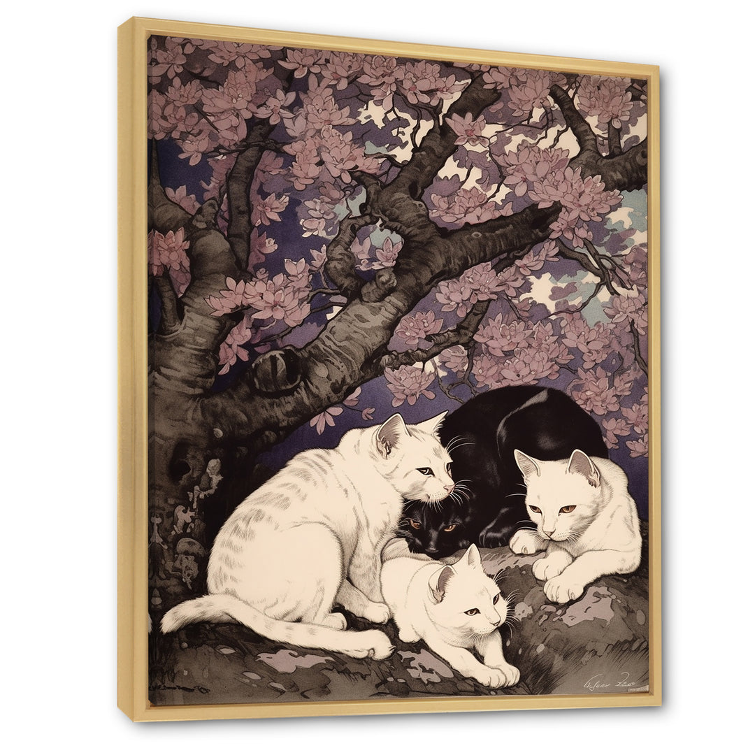 White Cats And Black Cat Sleeping Under Tree - Cat Living Room Wall Art