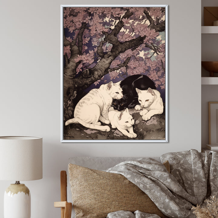 White Cats And Black Cat Sleeping Under Tree - Cat Living Room Wall Art