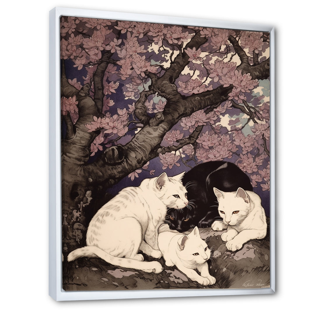 White Cats And Black Cat Sleeping Under Tree - Cat Living Room Wall Art