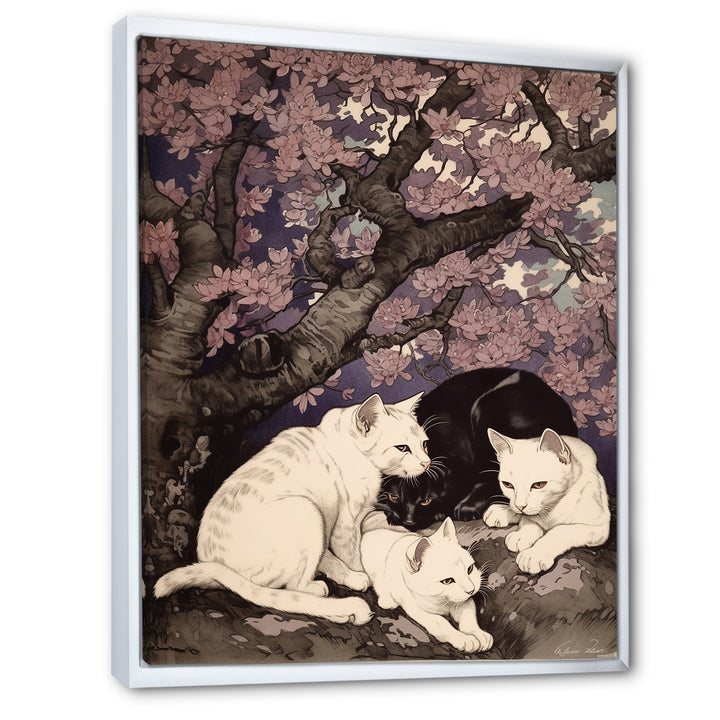 White Cats And Black Cat Sleeping Under Tree - Cat Living Room Wall Art