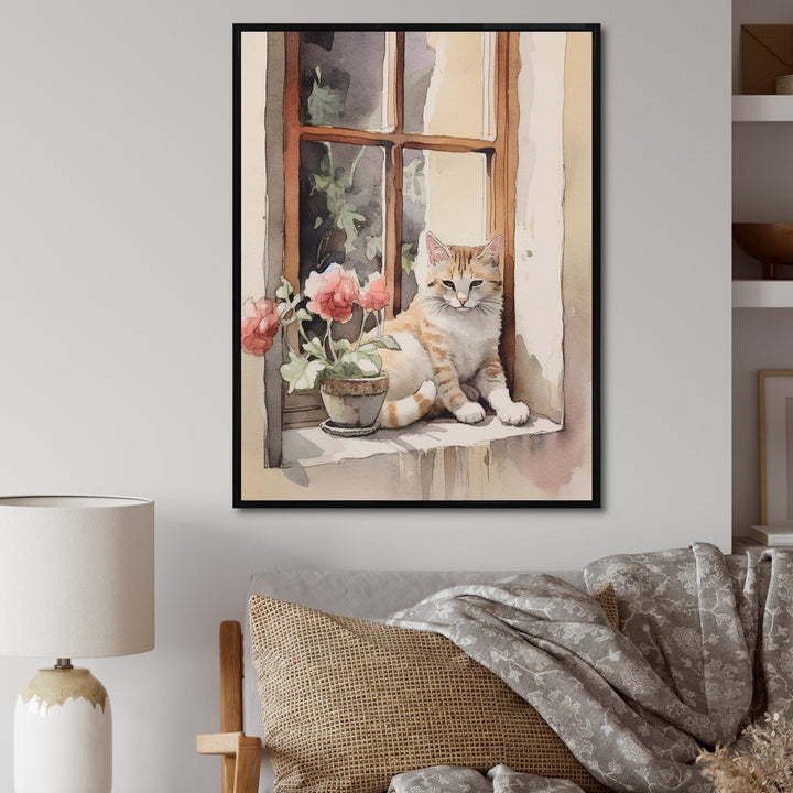 White Cat Sitting On Windowsill Watercolor - Cat Bedroom Wall Art