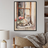 White Cat Sitting On Windowsill Watercolor - Cat Bedroom Wall Art