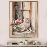 White Cat Sitting On Windowsill Watercolor - Cat Bedroom Wall Art