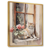 White Cat Sitting On Windowsill Watercolor - Cat Bedroom Wall Art
