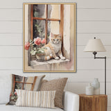 White Cat Sitting On Windowsill Watercolor - Cat Bedroom Wall Art