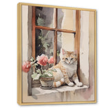 White Cat Sitting On Windowsill Watercolor - Cat Bedroom Wall Art