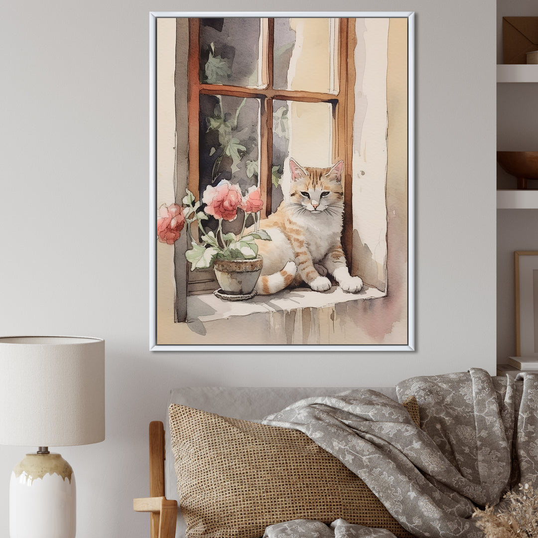 White Cat Sitting On Windowsill Watercolor - Cat Bedroom Wall Art