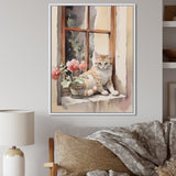 White Cat Sitting On Windowsill Watercolor - Cat Bedroom Wall Art