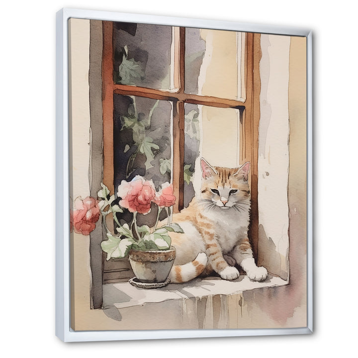 White Cat Sitting On Windowsill Watercolor - Cat Bedroom Wall Art