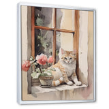 White Cat Sitting On Windowsill Watercolor - Cat Bedroom Wall Art