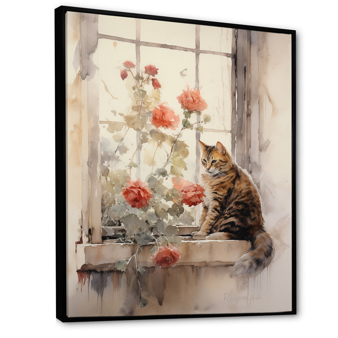 Brown Cat Sitting On Windowsill Watercolor - Cat Canvas Wall Art