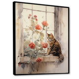 Brown Cat Sitting On Windowsill Watercolor - Cat Canvas Wall Art