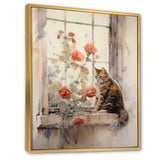 Brown Cat Sitting On Windowsill Watercolor - Cat Canvas Wall Art