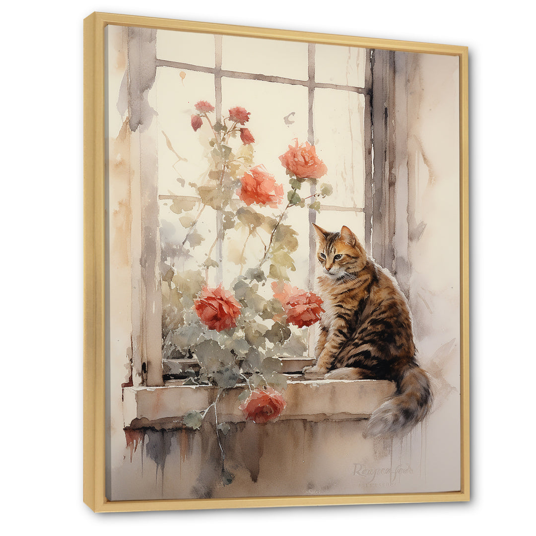 Brown Cat Sitting On Windowsill Watercolor - Cat Canvas Wall Art
