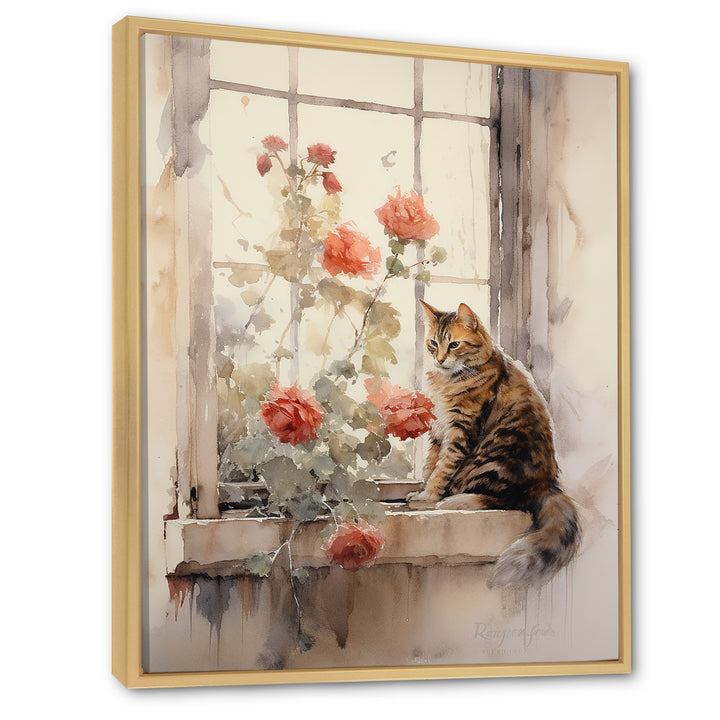 Brown Cat Sitting On Windowsill Watercolor - Cat Canvas Wall Art