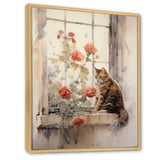 Brown Cat Sitting On Windowsill Watercolor - Cat Canvas Wall Art