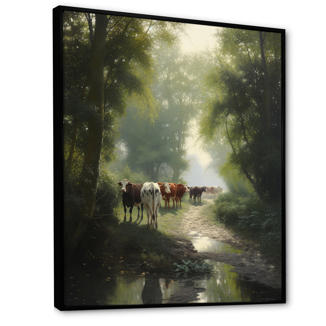 Cattle Cows Walking Near A Pond Rural Scene - Cow Large Canvas Wall Art