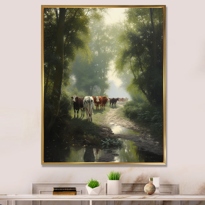 Cattle Cows Walking Near A Pond Rural Scene - Cow Large Canvas Wall Art