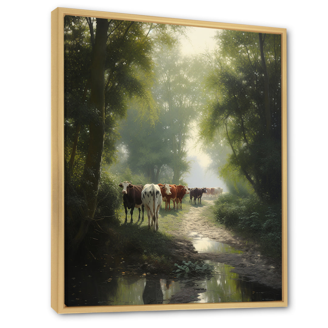 Cattle Cows Walking Near A Pond Rural Scene - Cow Large Canvas Wall Art