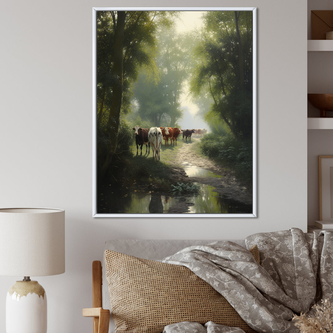 Cattle Cows Walking Near A Pond Rural Scene - Cow Large Canvas Wall Art