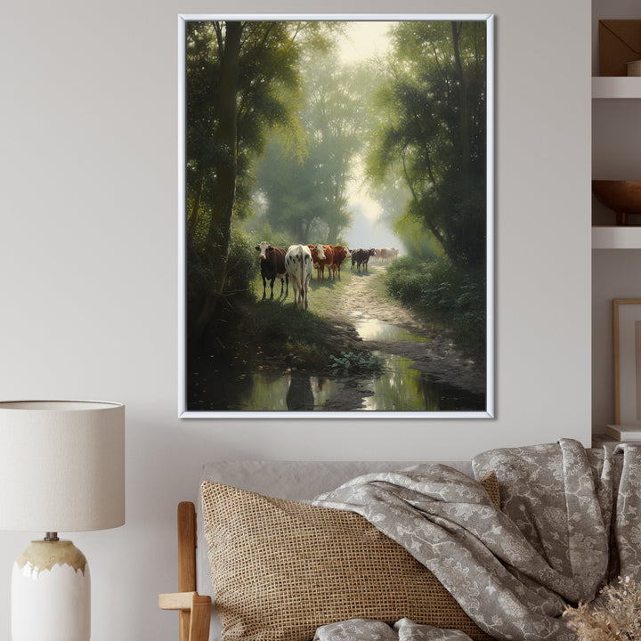 Cattle Cows Walking Near A Pond Rural Scene - Cow Large Canvas Wall Art