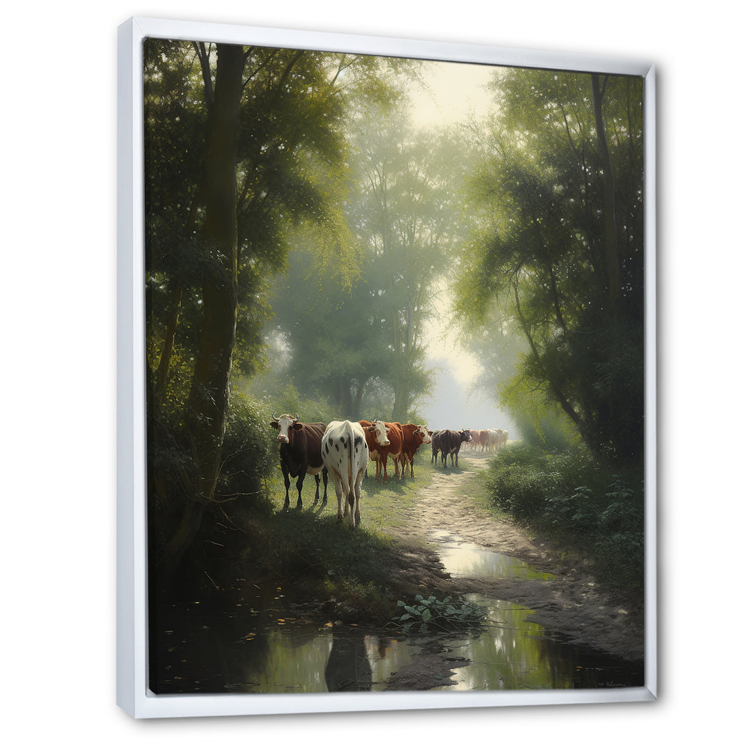Cattle Cows Walking Near A Pond Rural Scene - Cow Large Canvas Wall Art