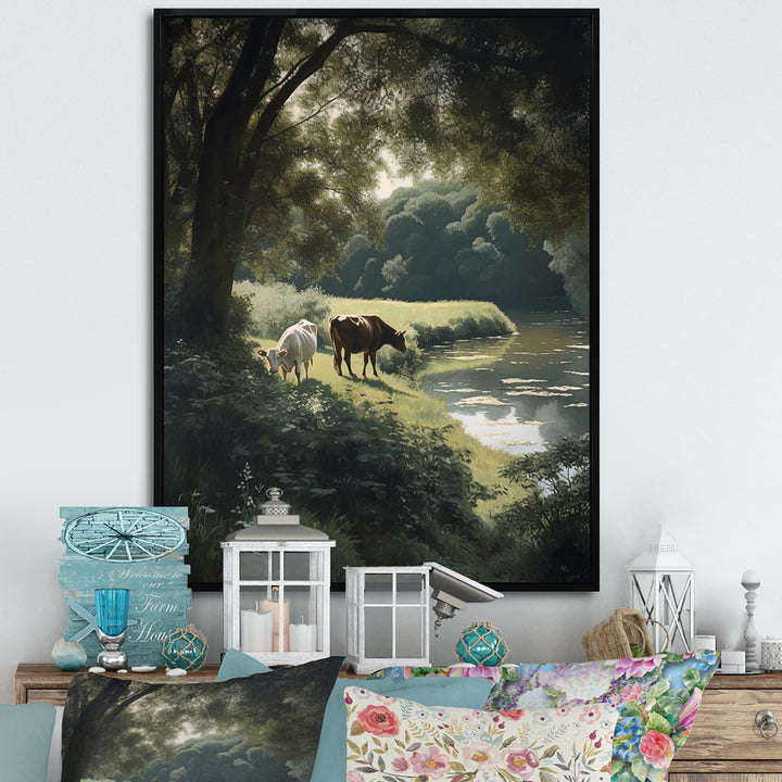 Cows Walking Near A Lake Rural Scene - Cow Living Room Wall Art