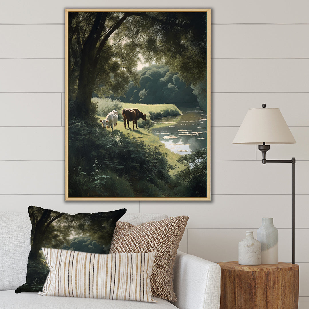 Cows Walking Near A Lake Rural Scene - Cow Living Room Wall Art