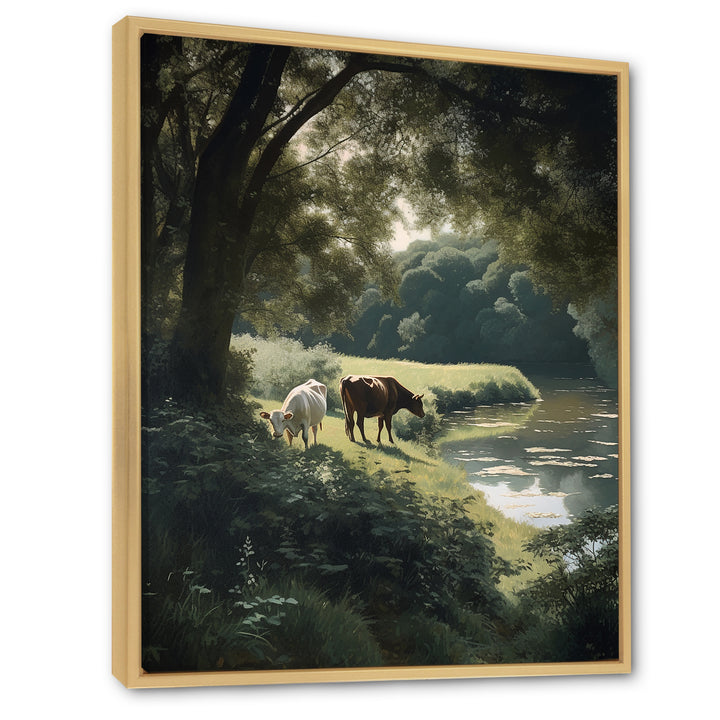 Cows Walking Near A Lake Rural Scene - Cow Living Room Wall Art