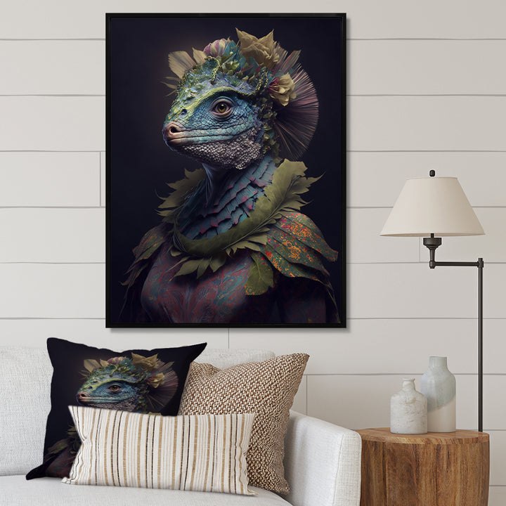 Blue Dino Wearing Reptile Suit - Dinosaur Framed Canvas Art