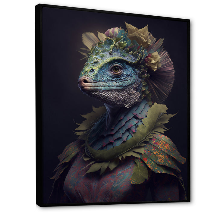 Blue Dino Wearing Reptile Suit - Dinosaur Framed Canvas Art