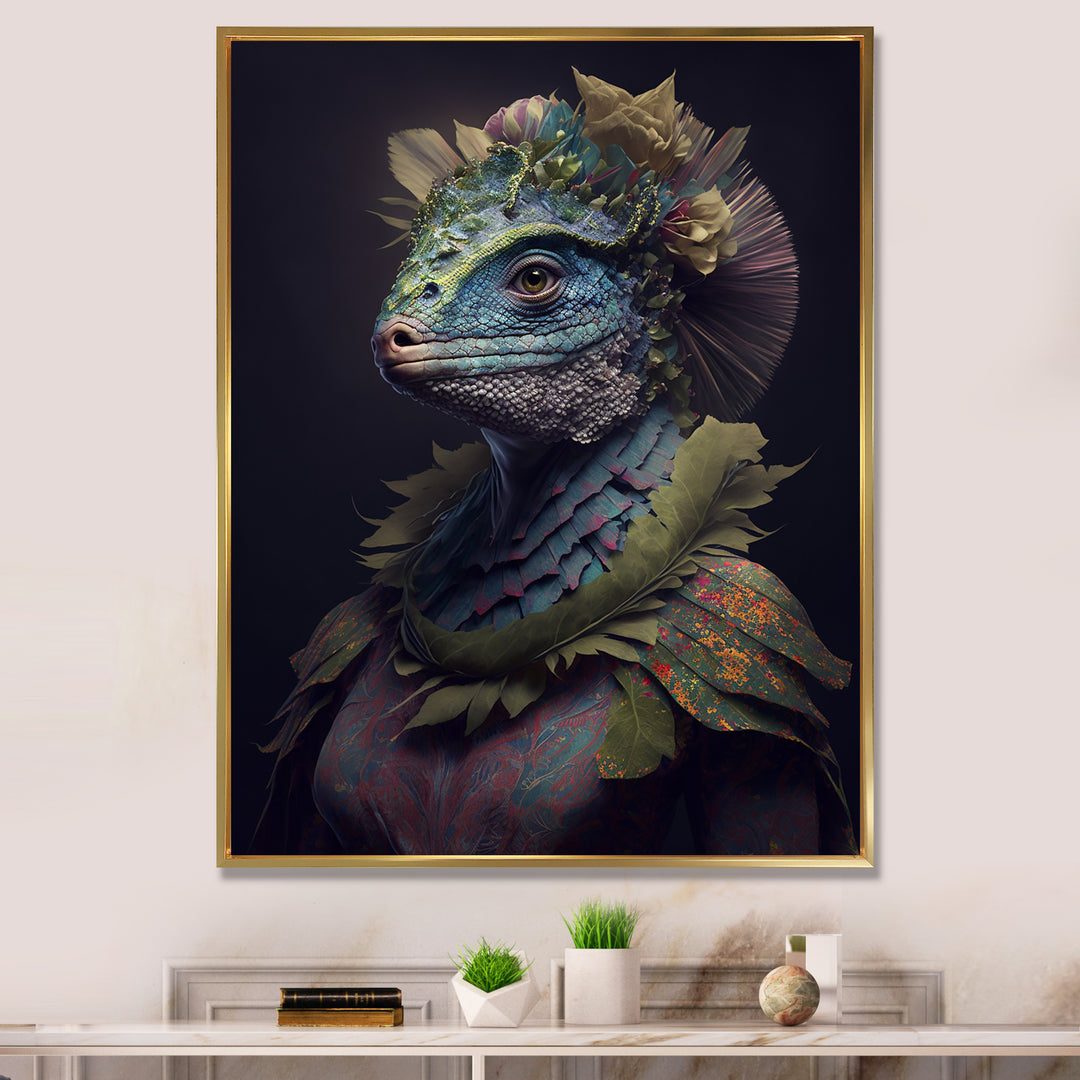 Blue Dino Wearing Reptile Suit - Dinosaur Framed Canvas Art