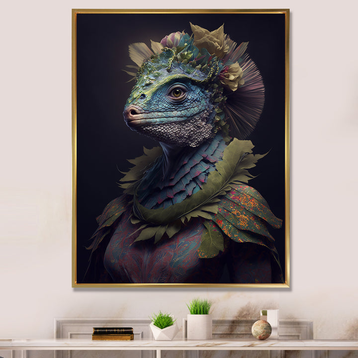 Blue Dino Wearing Reptile Suit - Dinosaur Framed Canvas Art