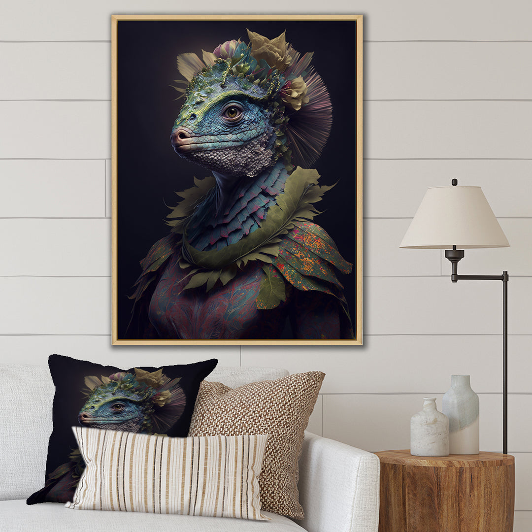 Blue Dino Wearing Reptile Suit - Dinosaur Framed Canvas Art