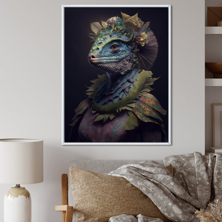 Blue Dino Wearing Reptile Suit - Dinosaur Framed Canvas Art
