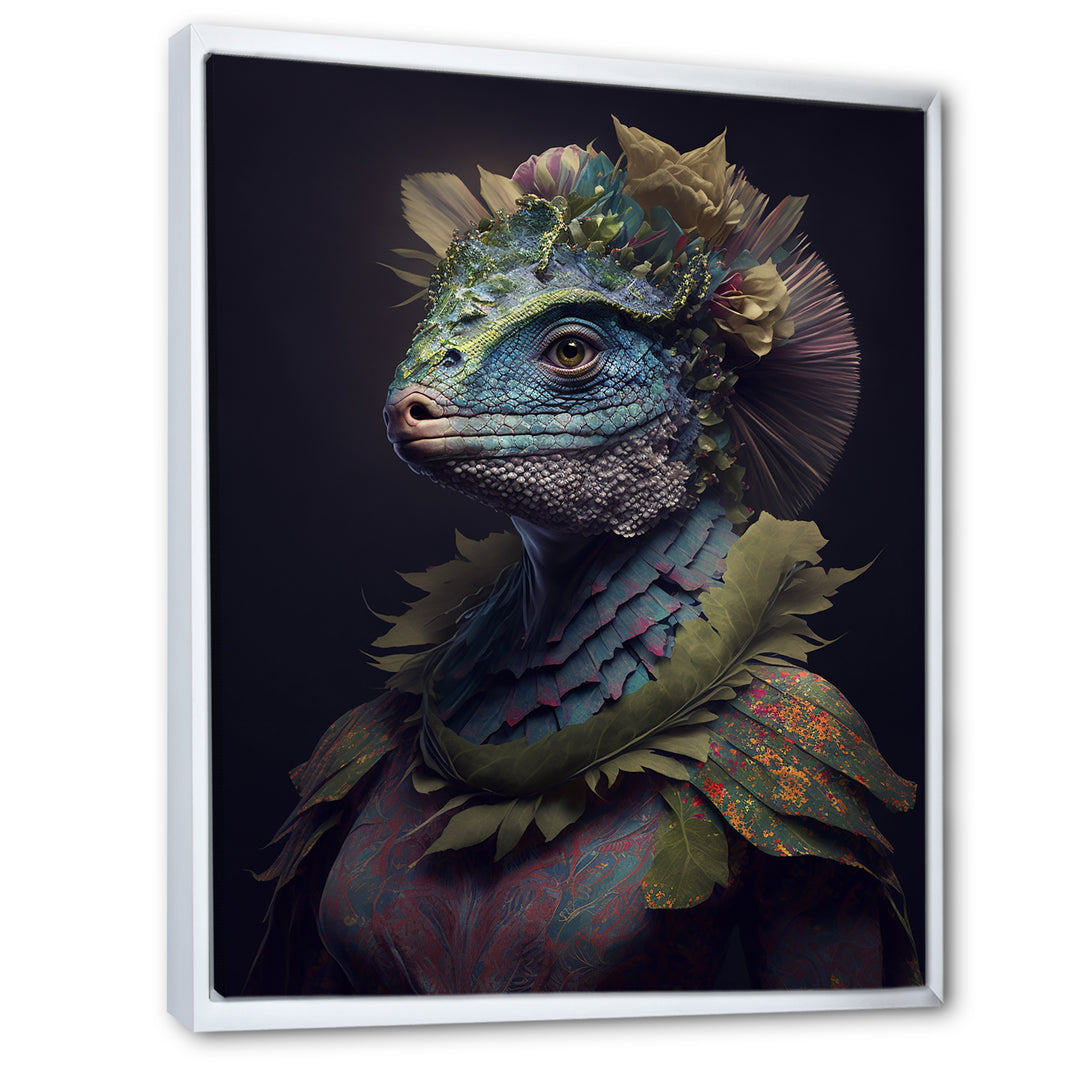 Blue Dino Wearing Reptile Suit - Dinosaur Framed Canvas Art