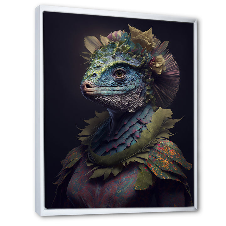 Blue Dino Wearing Reptile Suit - Dinosaur Framed Canvas Art
