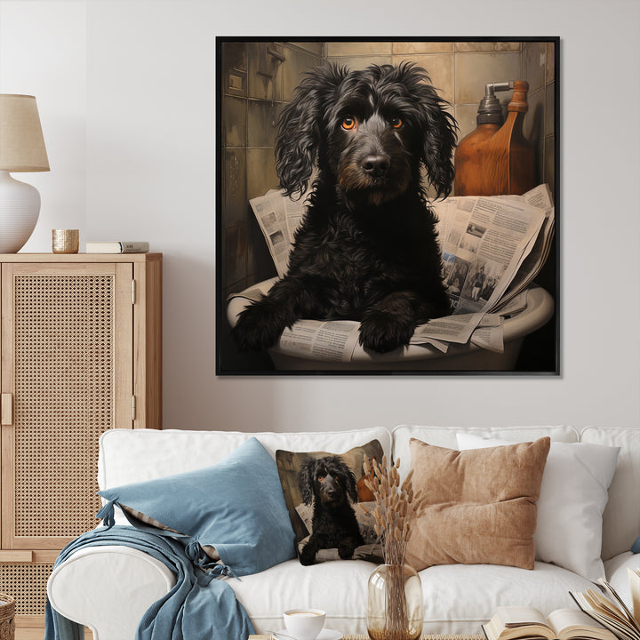 Dog Reading Newspaper On Toilet - Dog Wall Decor