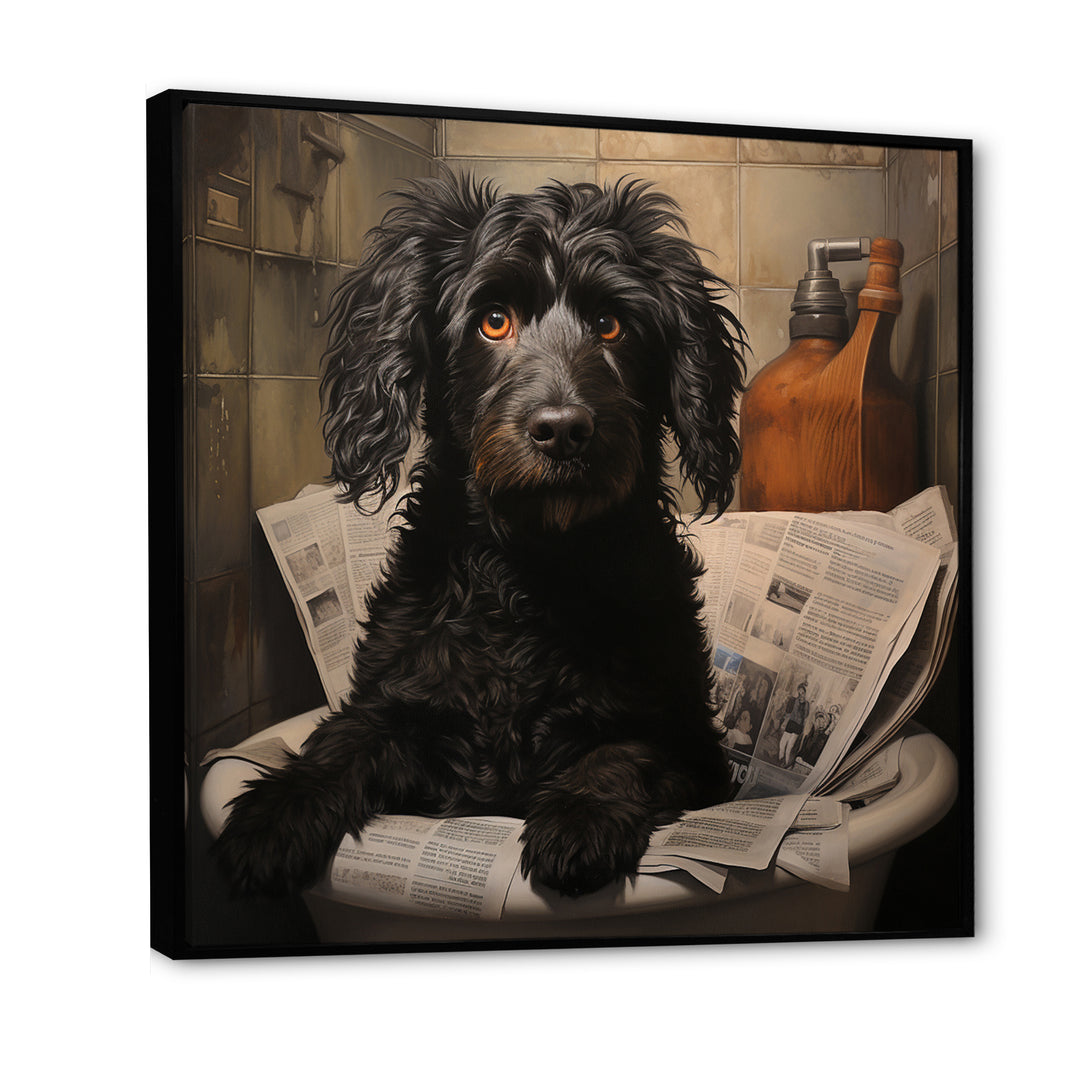 Dog Reading Newspaper On Toilet - Dog Wall Decor