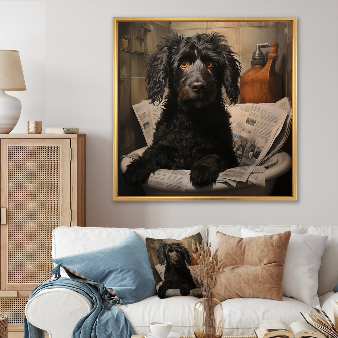 Dog Reading Newspaper On Toilet - Dog Wall Decor