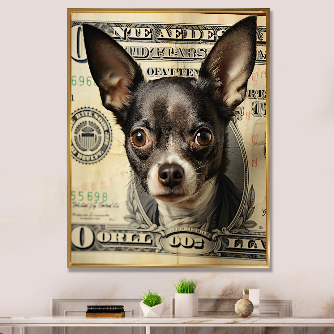 Little Dog On Dollar Bill - Black Dog Wall Art