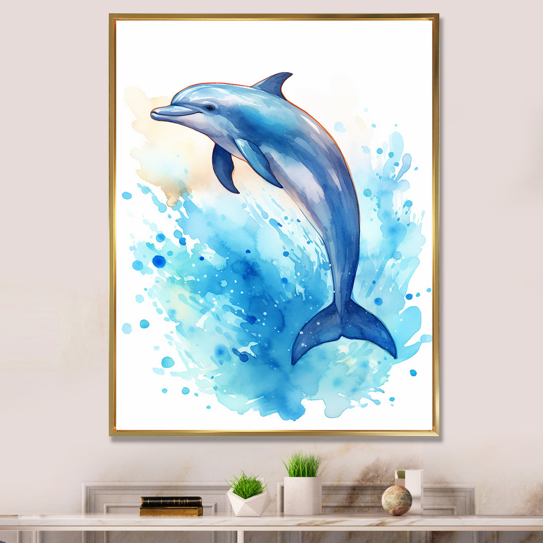Cute Blue Dolphin Watercolor - Blue Dolphin Wall Art