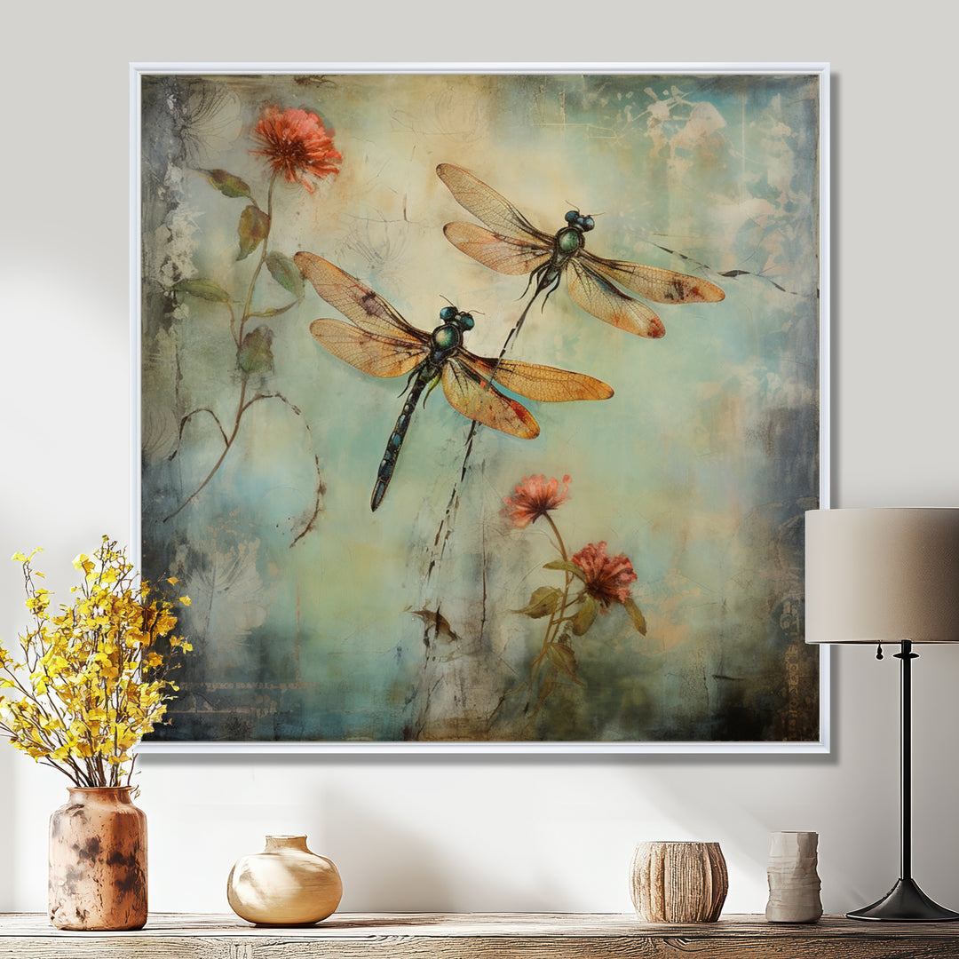 Vintage Painting Of Dragonfly Flying - Dragonfly Framed Canvas Art