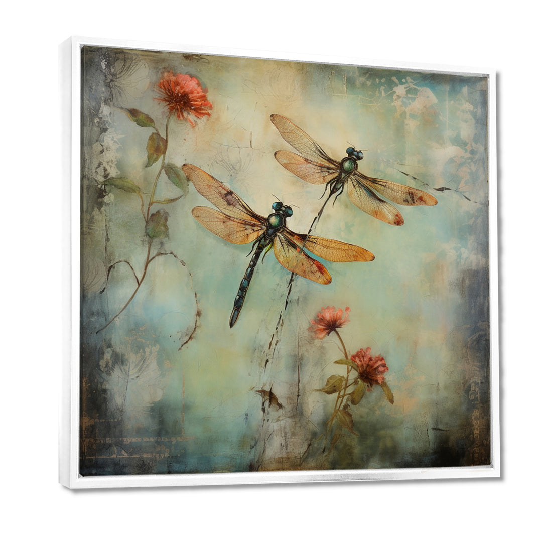 Vintage Painting Of Dragonfly Flying - Dragonfly Framed Canvas Art